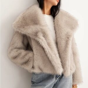 COMMENSE Tan Gray Neutral Faux Fur Jacket Coat